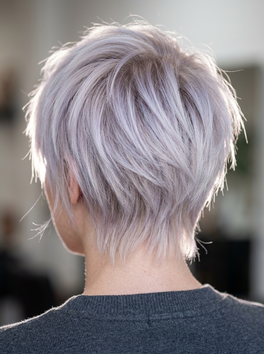 short blueberry milk blonde pixie haircut with violet-blue undertones, choppy layers, no fringe — playful avant-garde