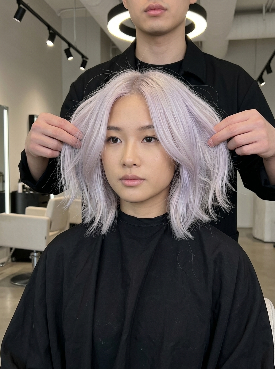 short blueberry milk blonde pixie cut with pastel blue-violet, subtle iridescence — playful edgy