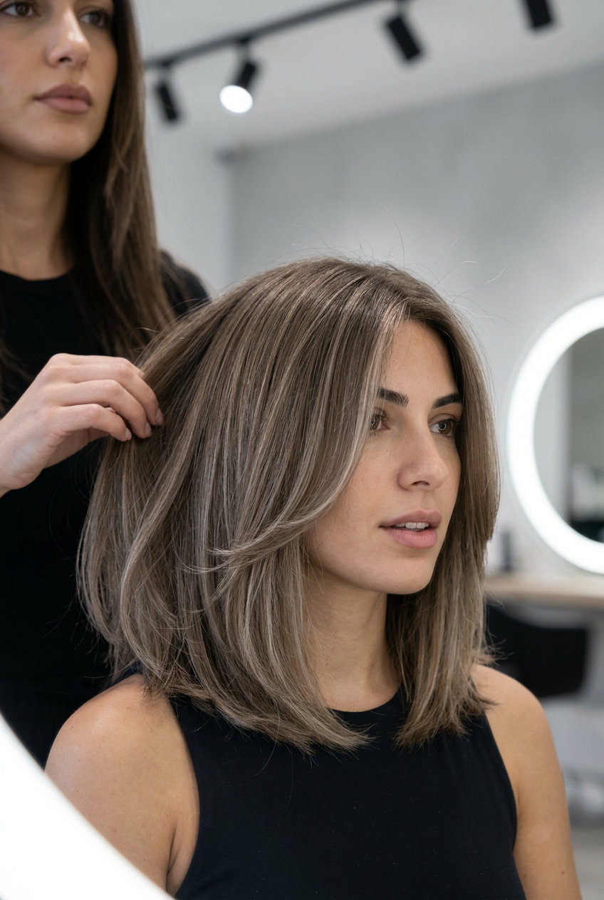 shoulder-length ash brown lob with cool beige micro-babylights and curtain bangs