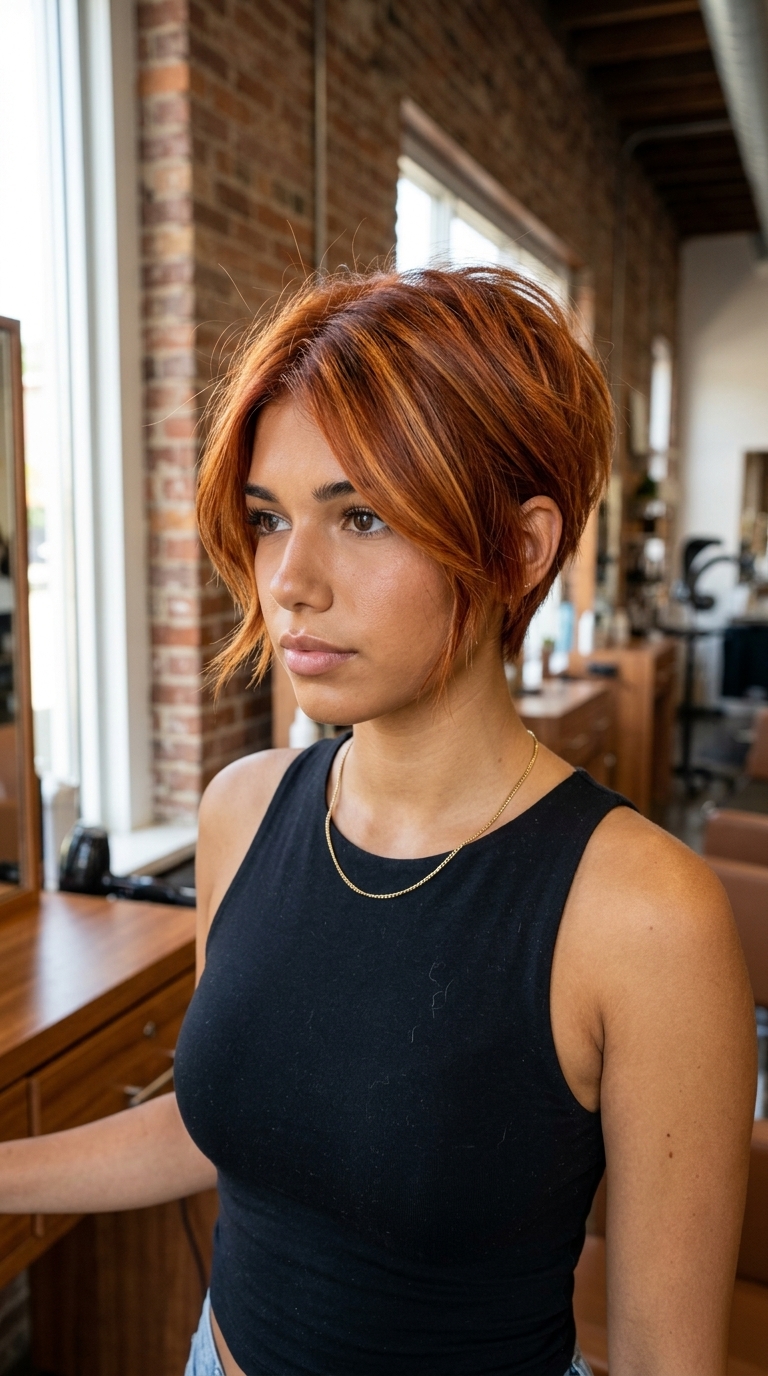 very short razored pixie crop in bright auburn with copper-gold babylights — edgy bold playful