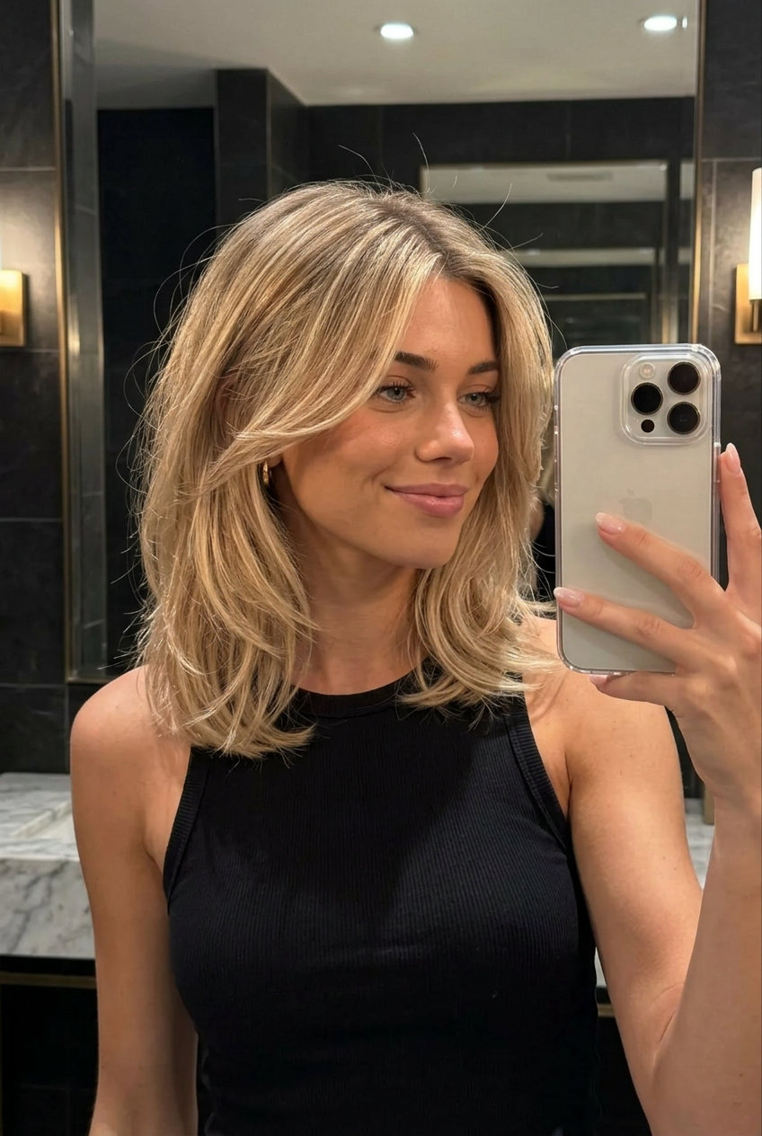 medium bronde hair color with natural root melt, balayage, effortless playful relaxed