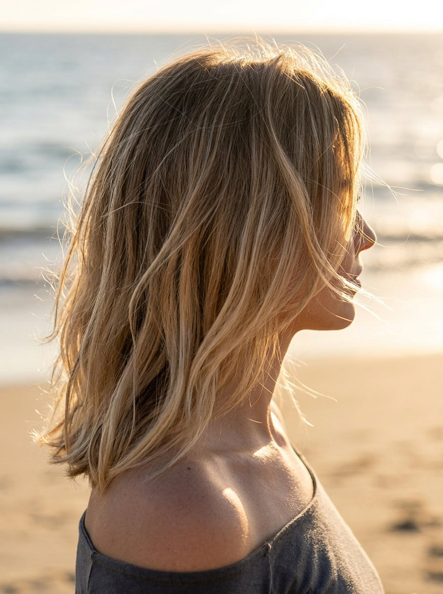 long blunt rich summer ombre hair color 2026 with sandy brown to sun-bleached blonde, effortless mood