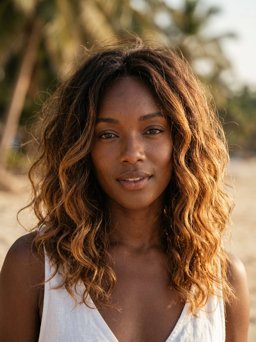 long ombré hair with deep brunette to amber glaze in loose waves for summer