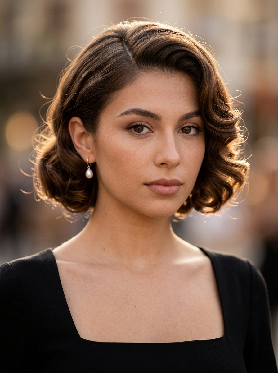 short pin curls with rich natural brunette and deep black tones, deep side part for summer