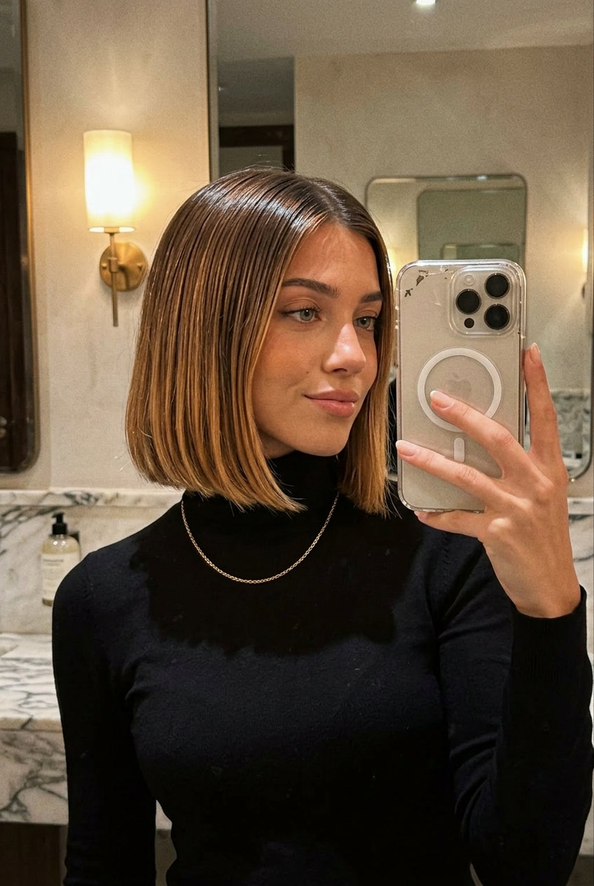chin-length blunt bob with deep brunette to caramel ombré and sharp perimeter for date night