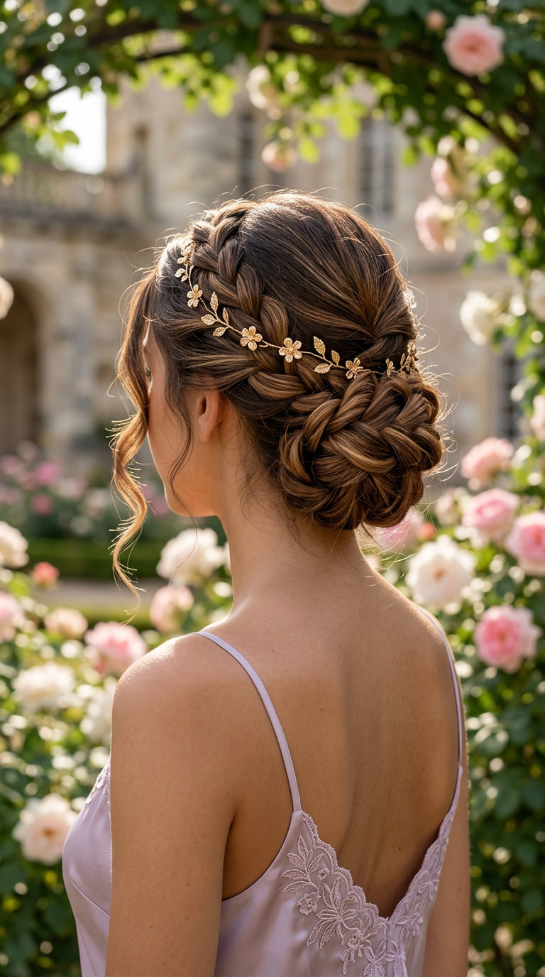 long natural brunette with caramel highlights in braided updo for summer
