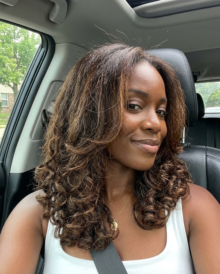 long layered haircut for curls in deep brunette with caramel lowlights
