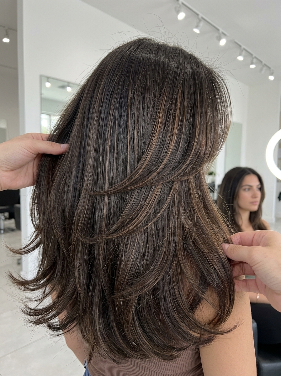 long layered haircut in deep cool brunette with caramel ribbons for summer