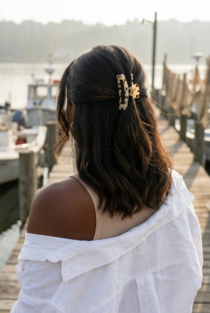 medium layered hair with rich brunette and caramel highlights in half-up claw clip for summer