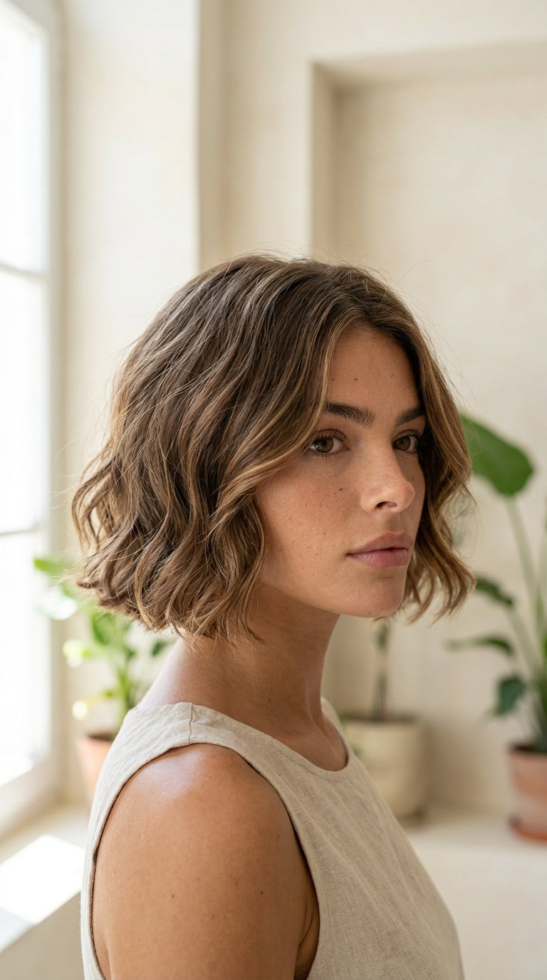 short wavy bixie haircut in natural brunette with caramel balayage and side-swept fringe for vacation