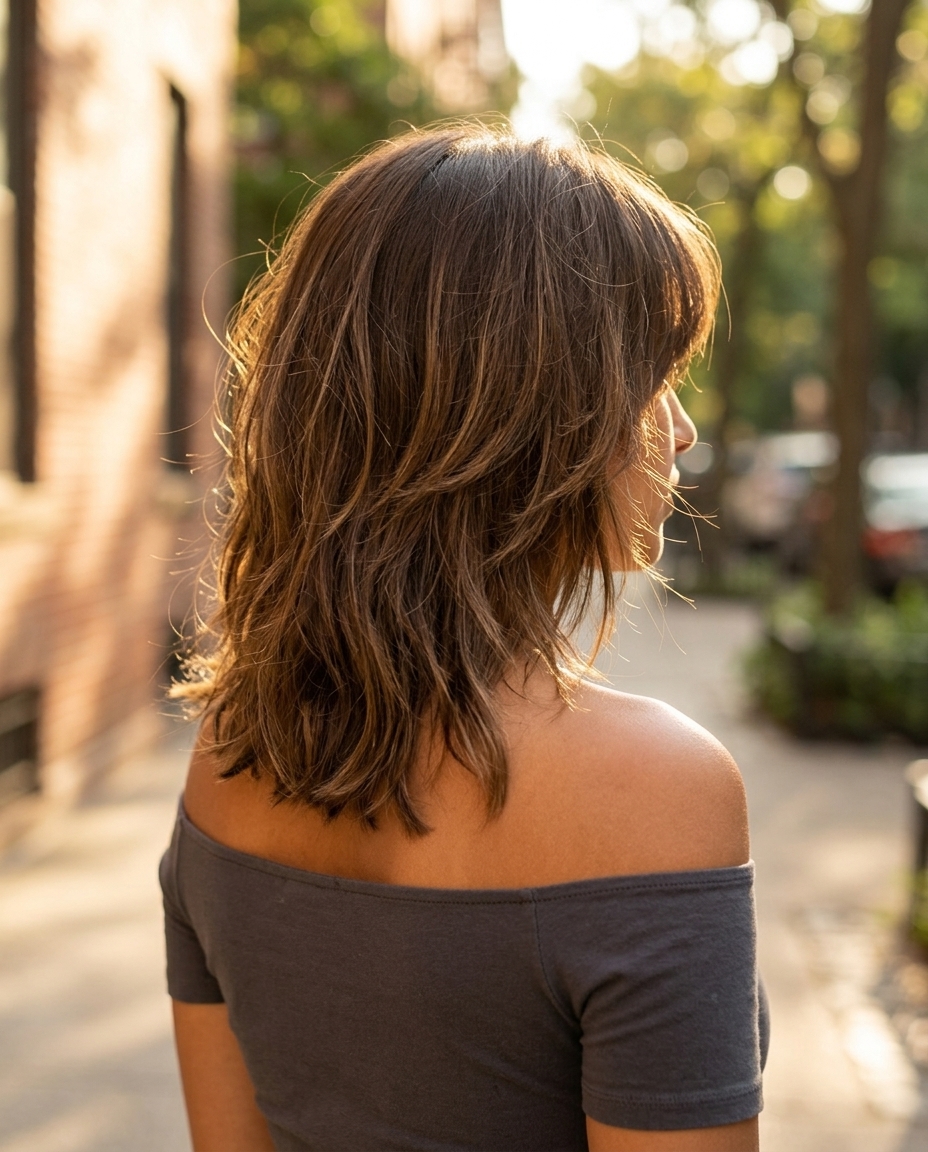 Undone Brunette Wolf Cut with Bottleneck Bangs collarbone-length brunette wolf cut with bottleneck bangs and subtle balayage for summer