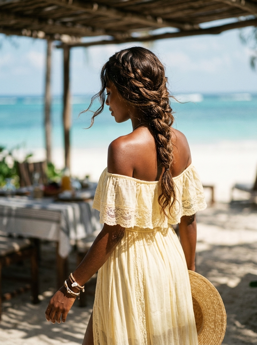 long braided French braid with natural brunette and sun-kissed ends, loose and textured, playful boho style
