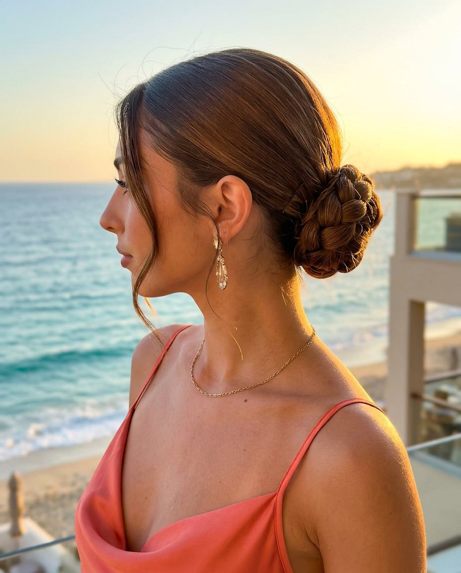 long rich syrup brunette braided bun with golden-amber undertones and sleek finish for summer