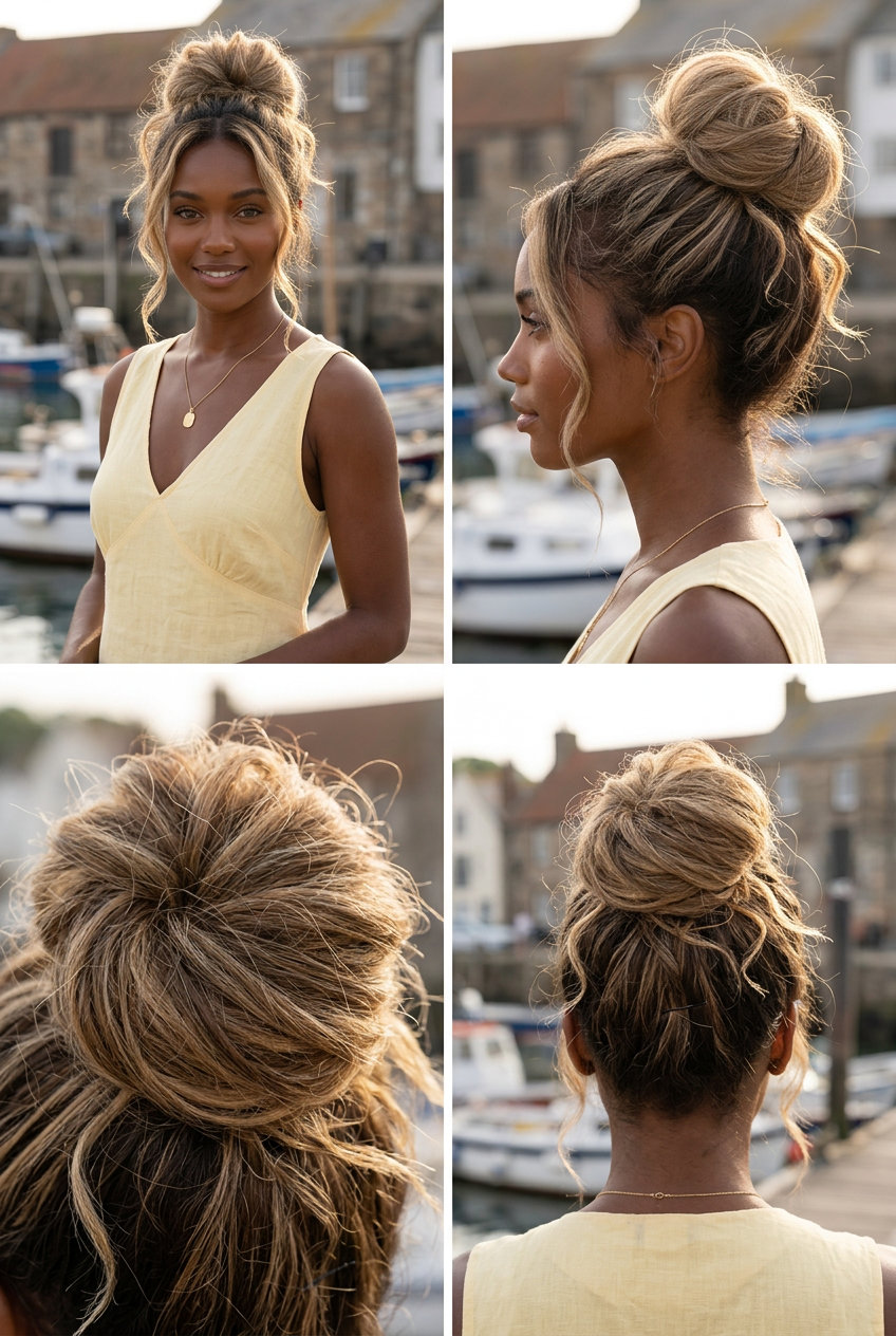 long messy bun with natural brunette, playful casual style for errands