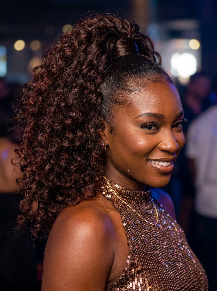 long curly brunette faux ponytail with defined curls for glamorous events