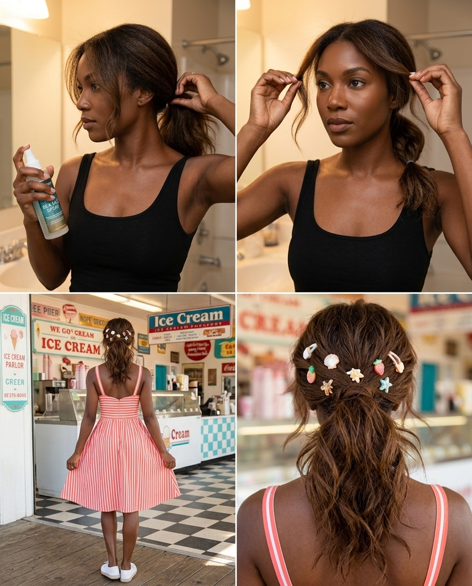 long brunette ponytail with scattered clips and bohemian waves for summer