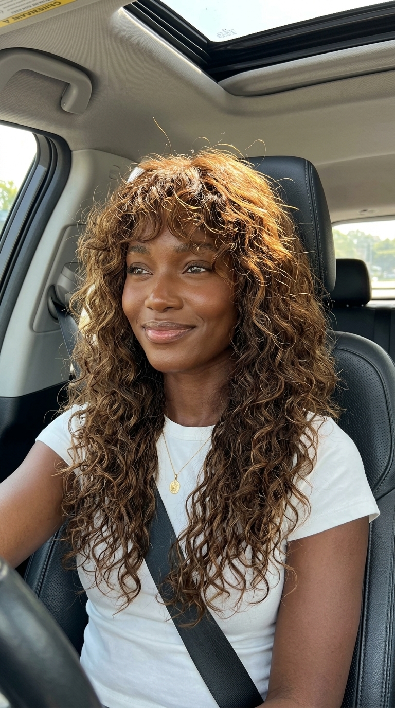 long shag haircut with rich warm brunette and caramel babylights, curly fringe — playful, bohemian, effortless