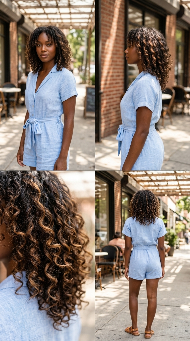 medium layered haircut with deep brunette and warm caramel balayage, enhanced natural curls — playful brunch