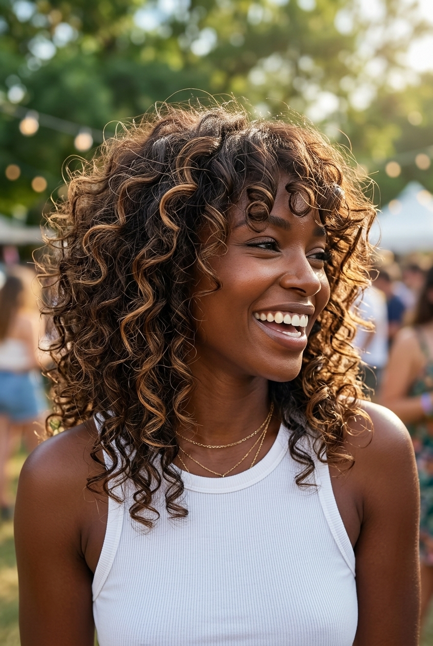Free-Spirited Curl Shag 2026 medium-long natural brunette shag haircut with caramel balayage and bottleneck bangs