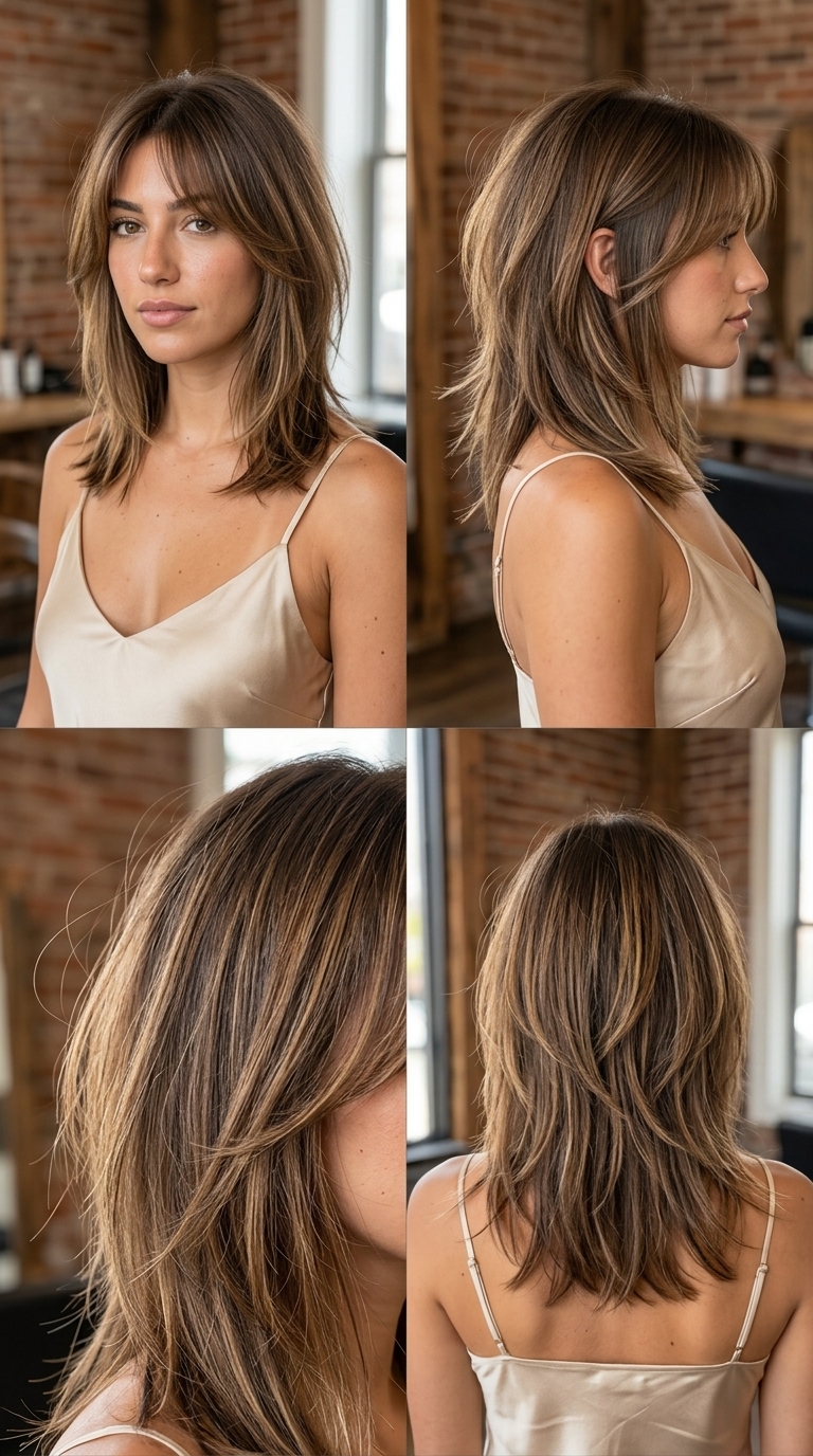 medium choppy shag haircut with soft brunette caramel babylights and wispy bangs for dates