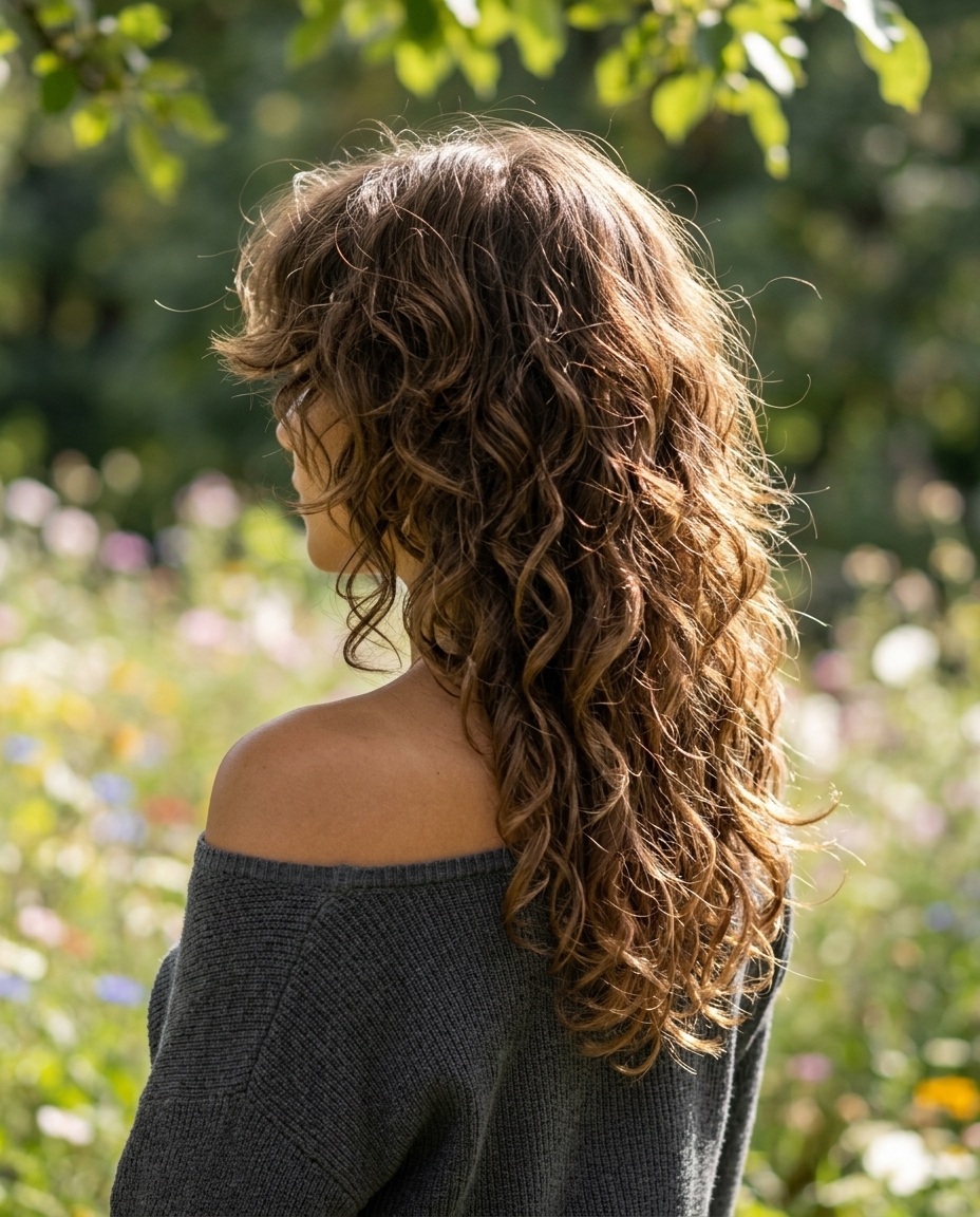 medium natural brunette wolf cut with shaggy layers and face-framing pieces