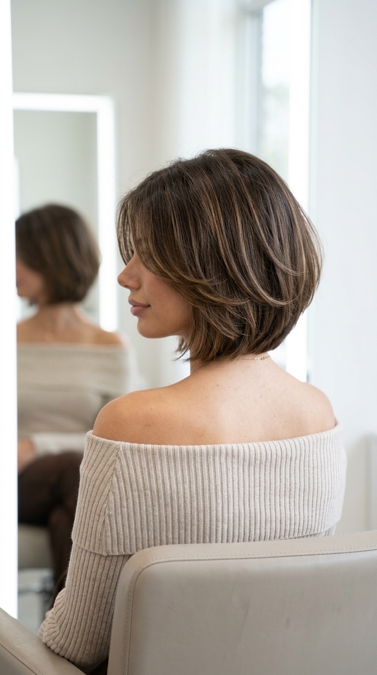 short bixie haircut in dimensional brunette with caramel babylights, soft fringe, layered crown — soft feminine