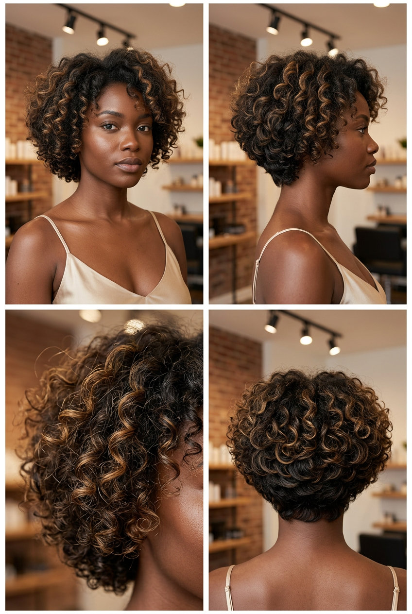 Curly Bixie Haircut 2026 short bixie haircut in natural brunette with auburn accents, layered for curly hair