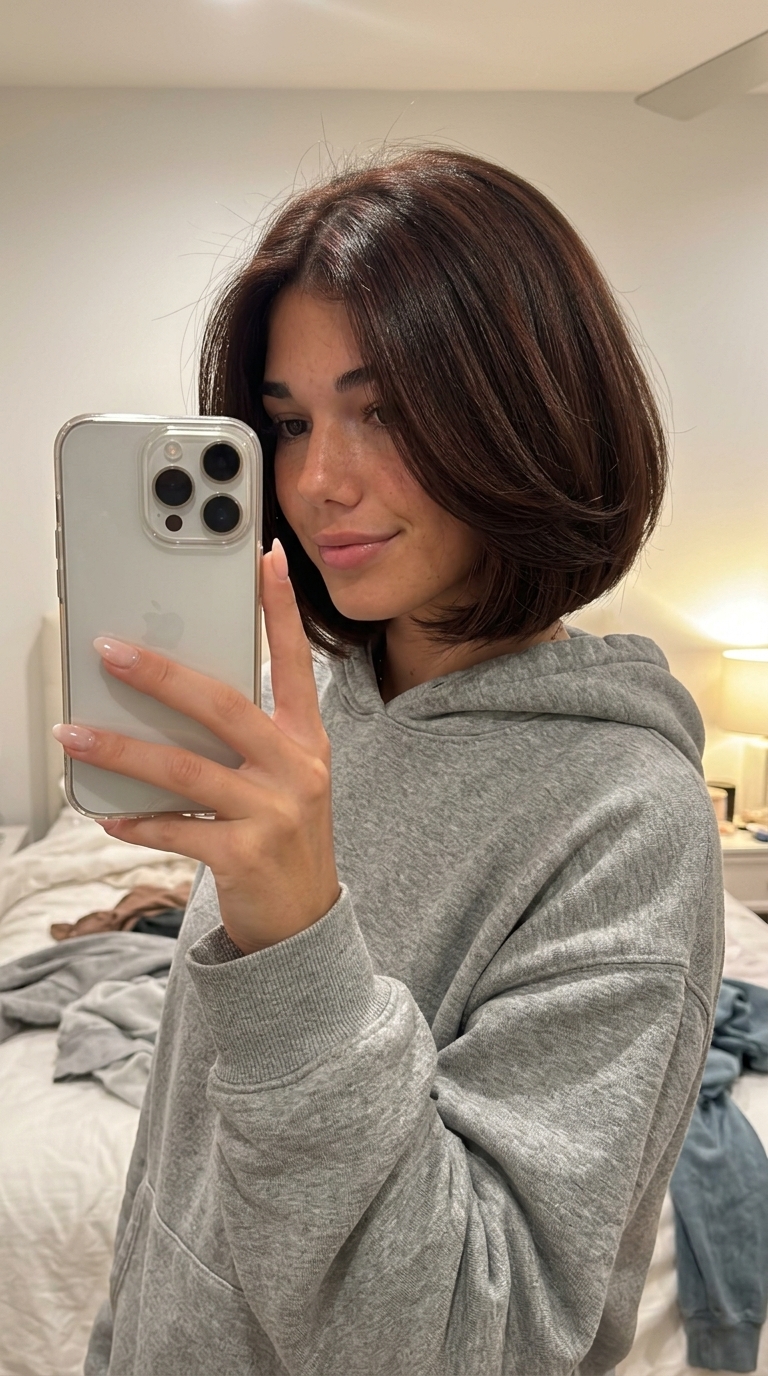 Glamorous Baroque Italian Bob 2026 short italian bob haircut with deep brunette & auburn sheen, sculpted waves, elegant mood