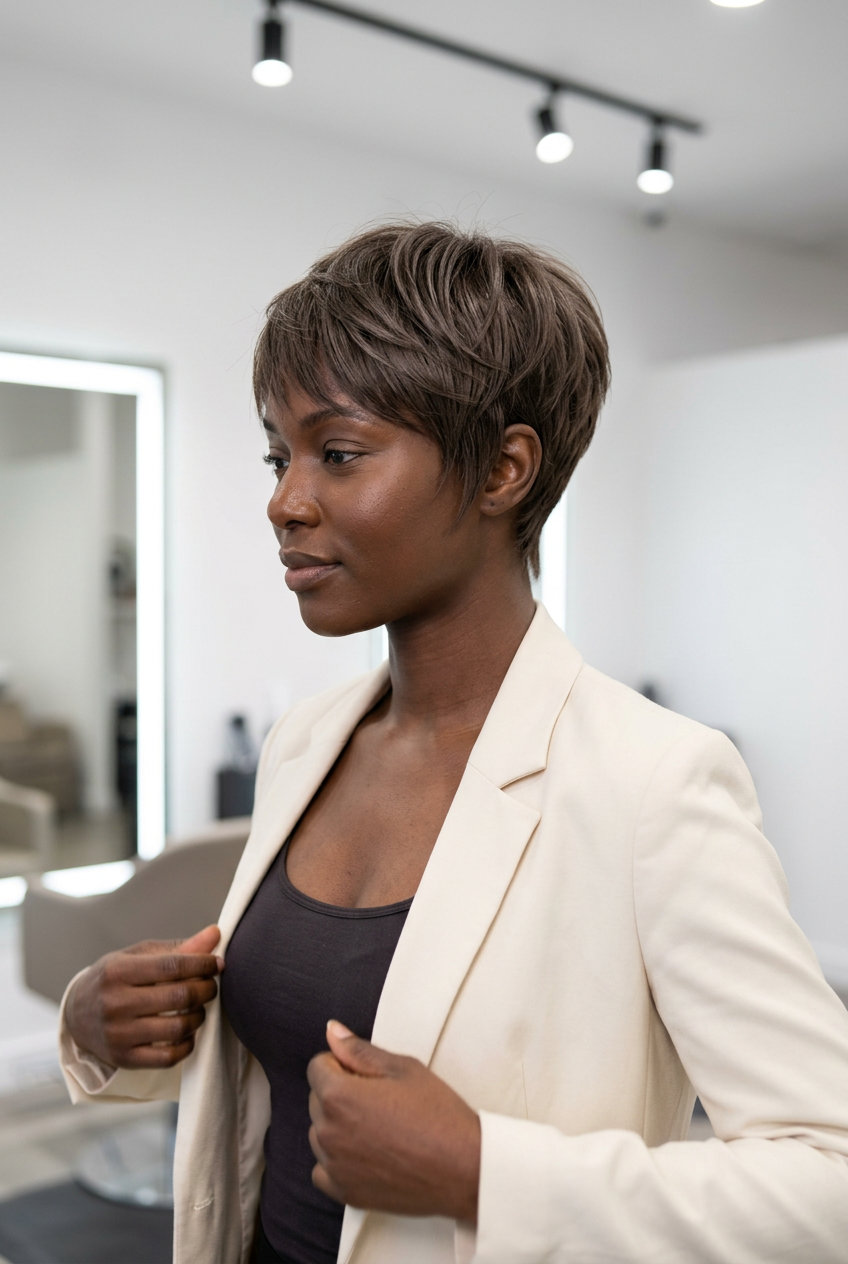 short pixie haircut with natural brunette, feathered layers, no fringe — minimalist fresh look