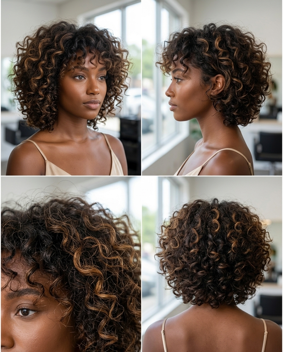 short choppy shag haircut with deep brunette and honey babylights, point-cut layers, wispy curly fringe — playful and voluminous