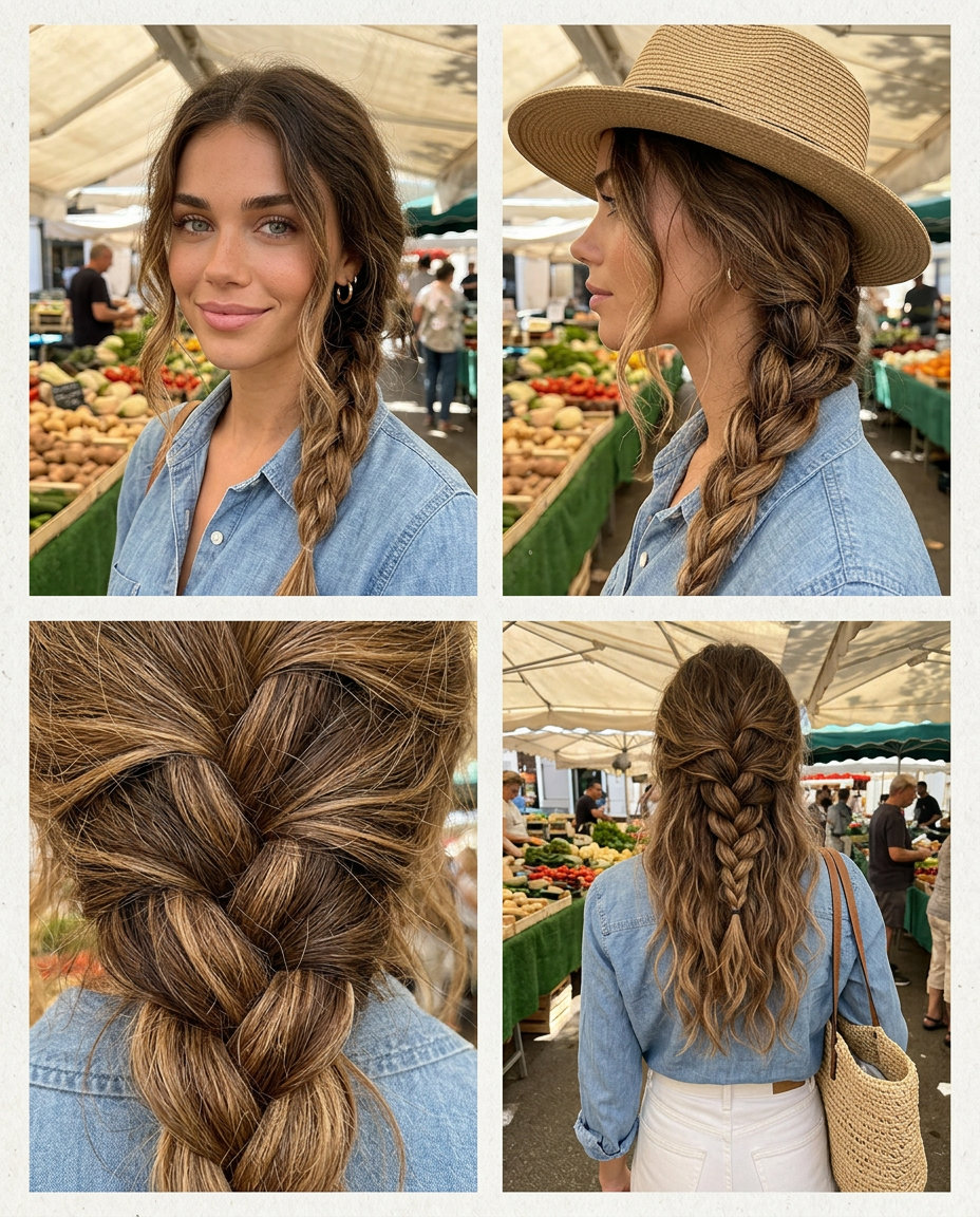 long wavy hair with brunette sun-kissed ends and fedora for farmers market