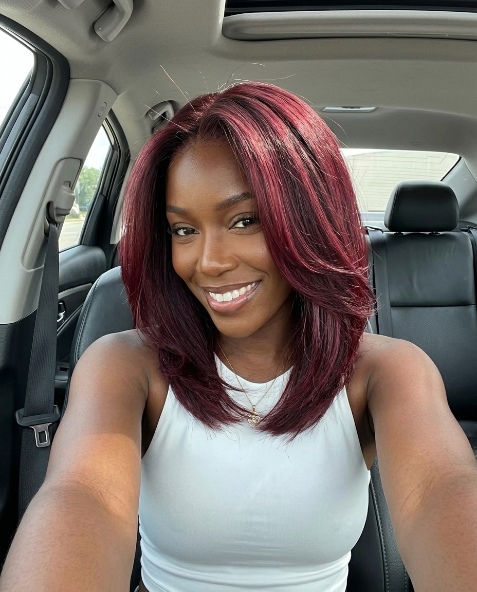Dramatic Burgundy Balayage 2026 long burgundy balayage with dark cherry base, color melt and flowing layers — dramatic romantic