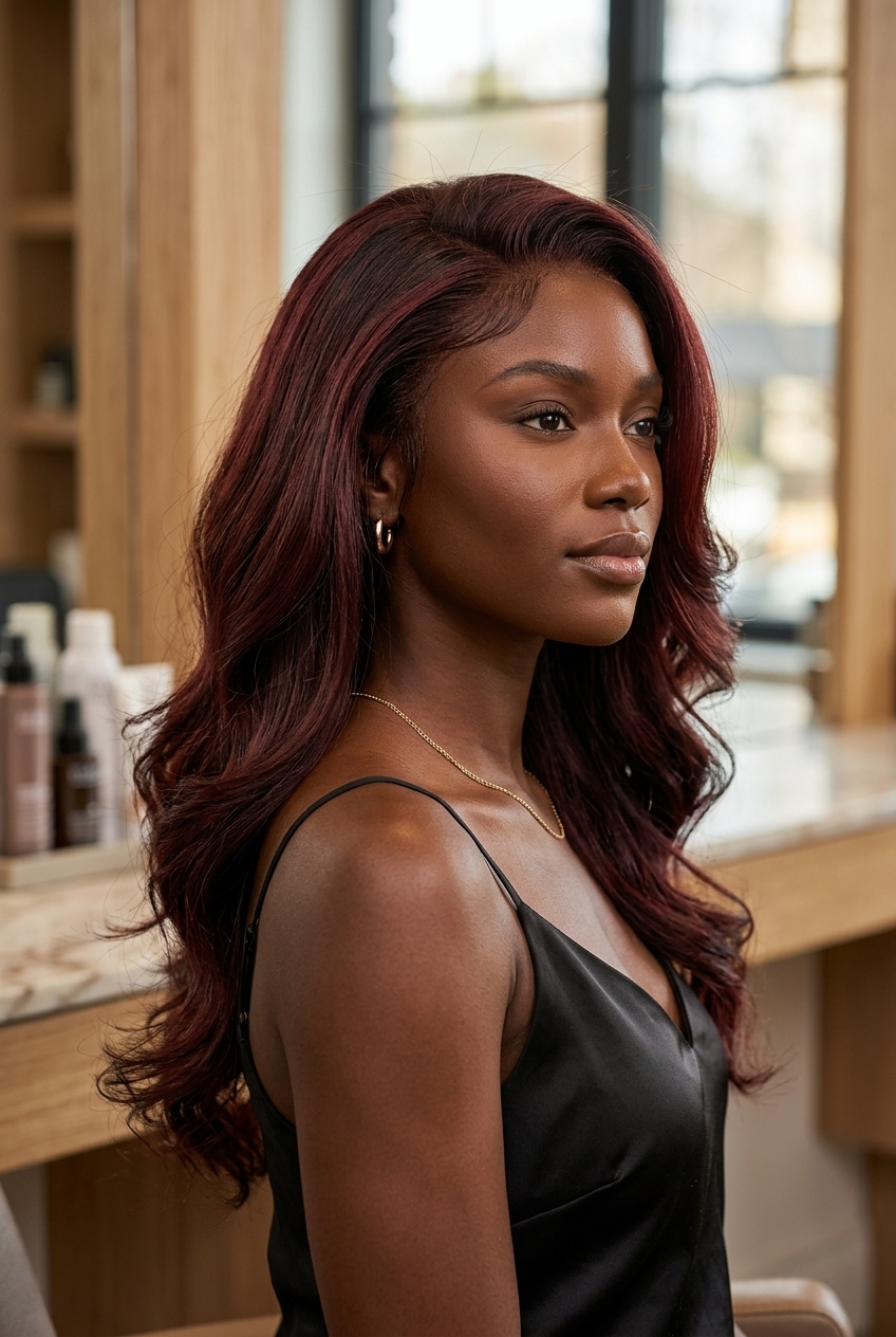 long layered waves in deep burgundy with violet-red, dark brown lowlights for summer