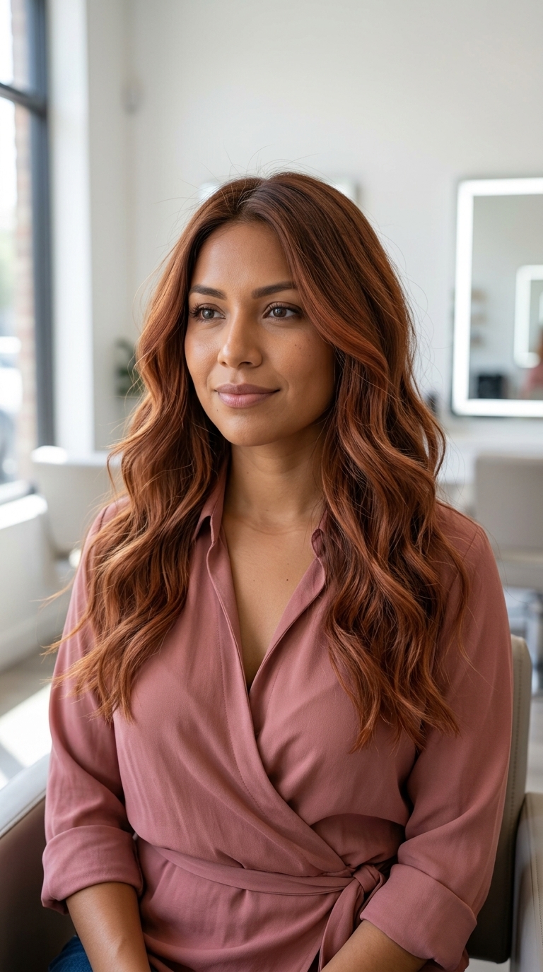 long auburn layers with burnt sienna color, soft root smudge, face-framing layers — effortless boho waves