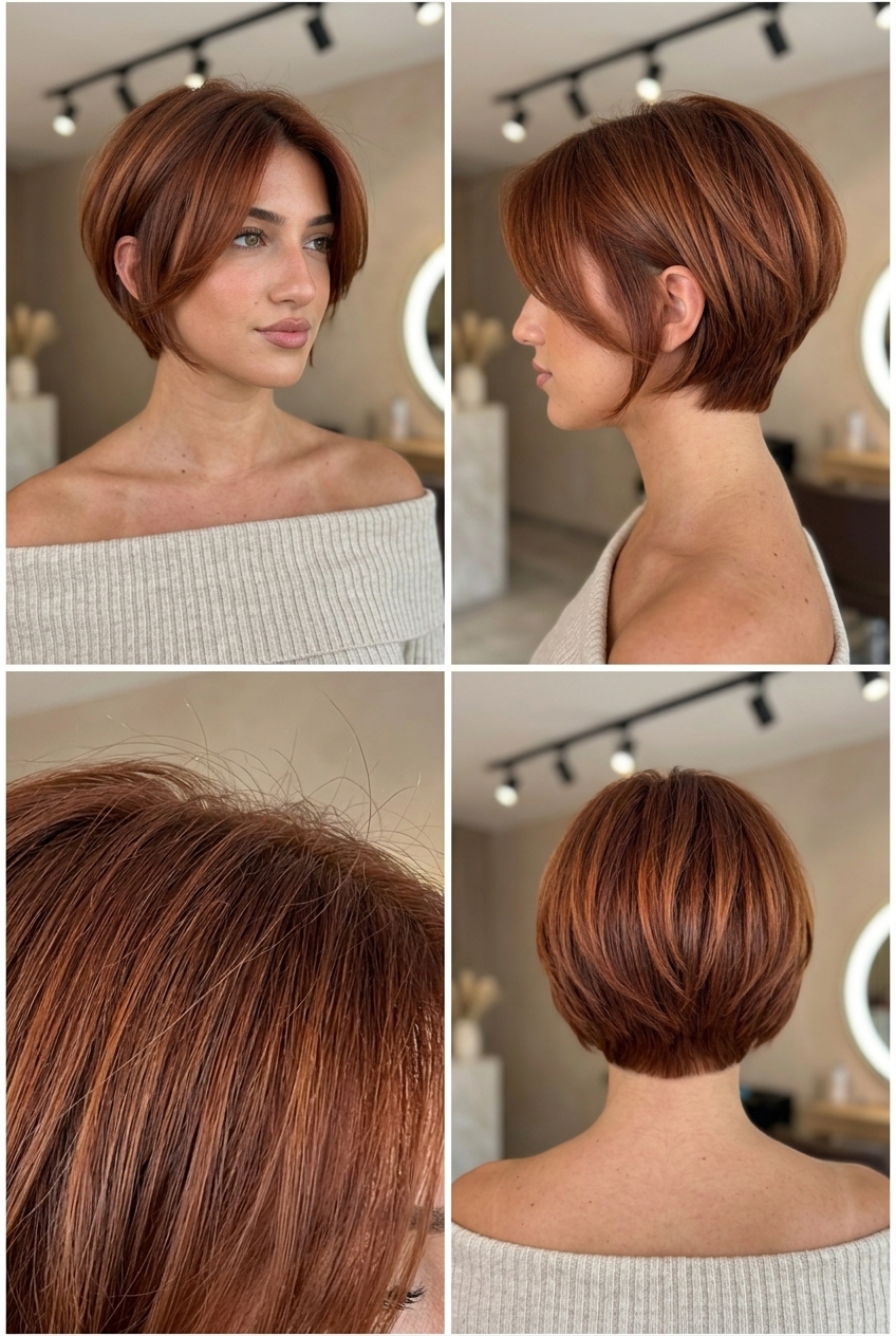 short textured crop with burnt sienna auburn color, natural finish for minimalist chic