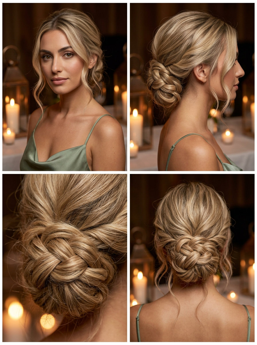 Ethereal Butter-Cream Chignon 2026 long butter-cream blonde chignon with warm gold tones, braided texture, and face-framing wisps for summer vacation