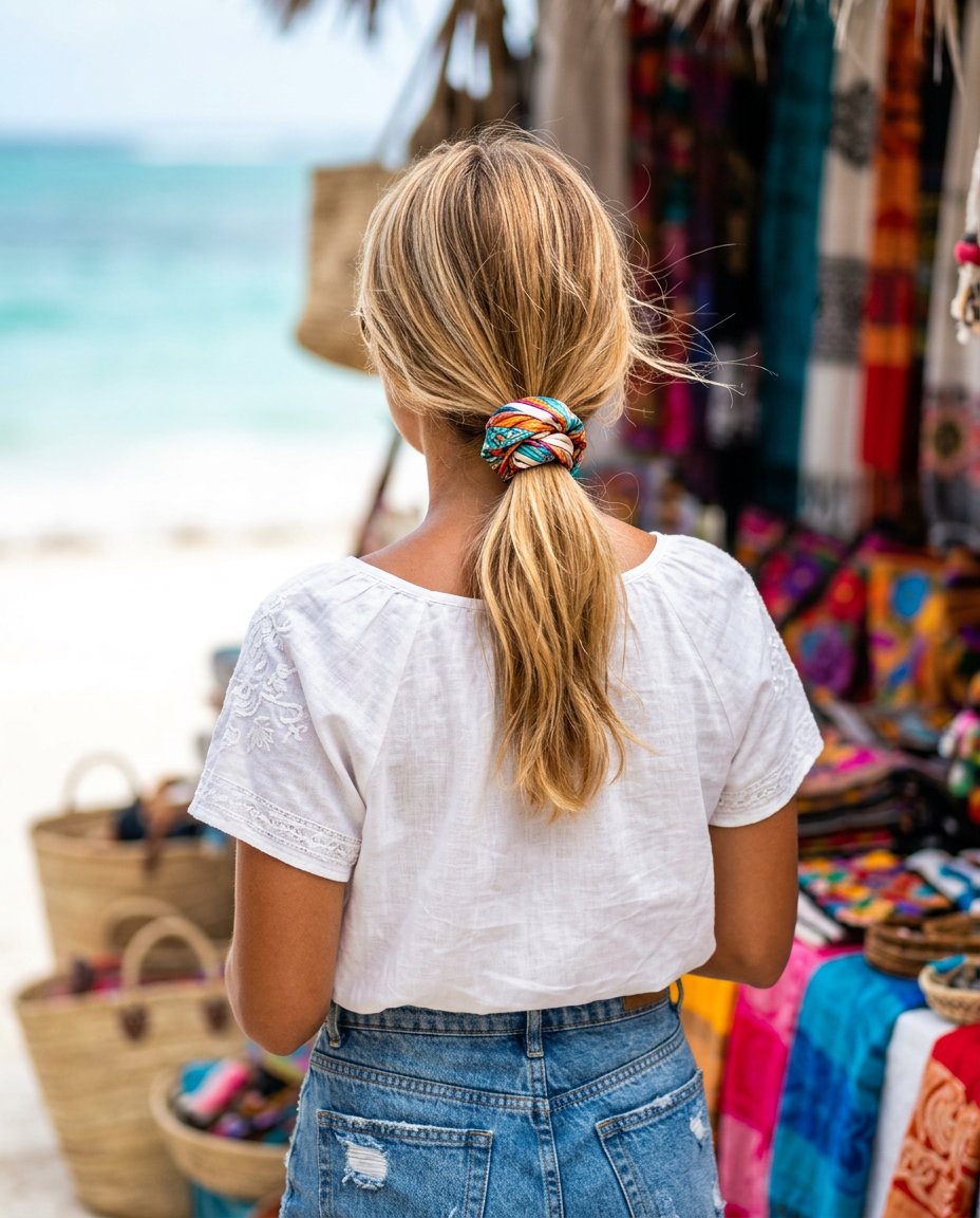 Boho Scarf Low Ponytail 2026 long butter-cream blonde low ponytail with honey highlights, scarf accent, and loose texture for summer vacation