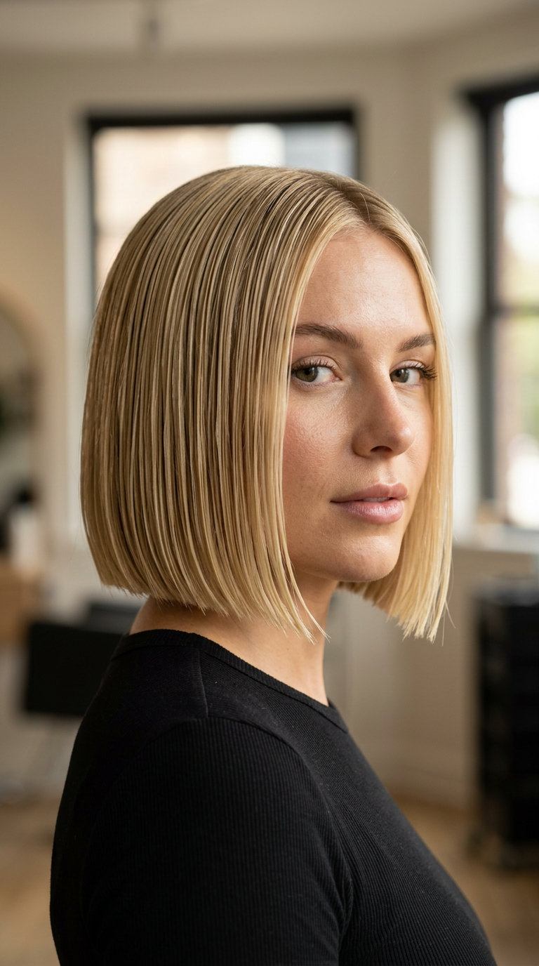 short blunt bob haircut with warm butter-cream blonde and golden babylights for summer