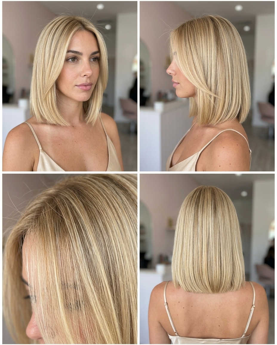 short petit bob in warm pale yellow blonde with honey babylights for summer