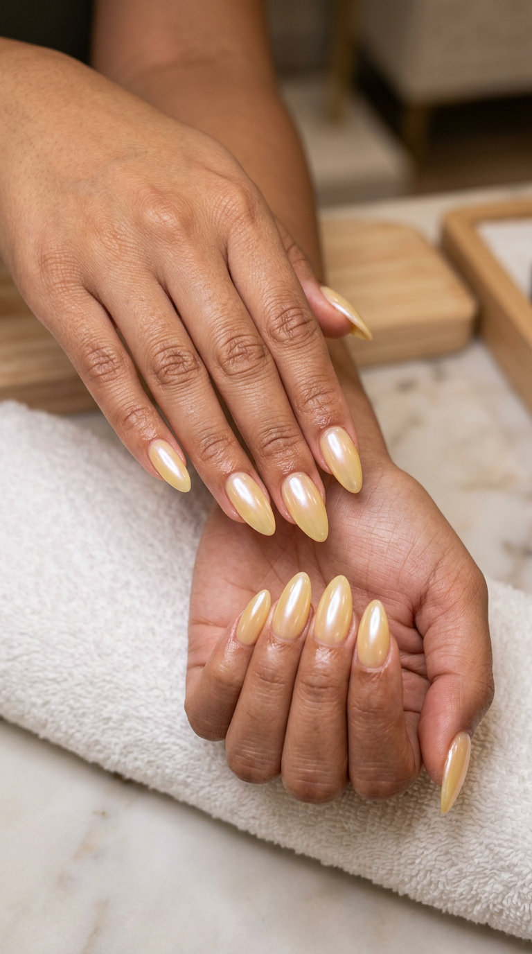 Butter Yellow Sheer Glazed Almond nails for summer brunch, a clean-girl chic look with pearlescent glaze.