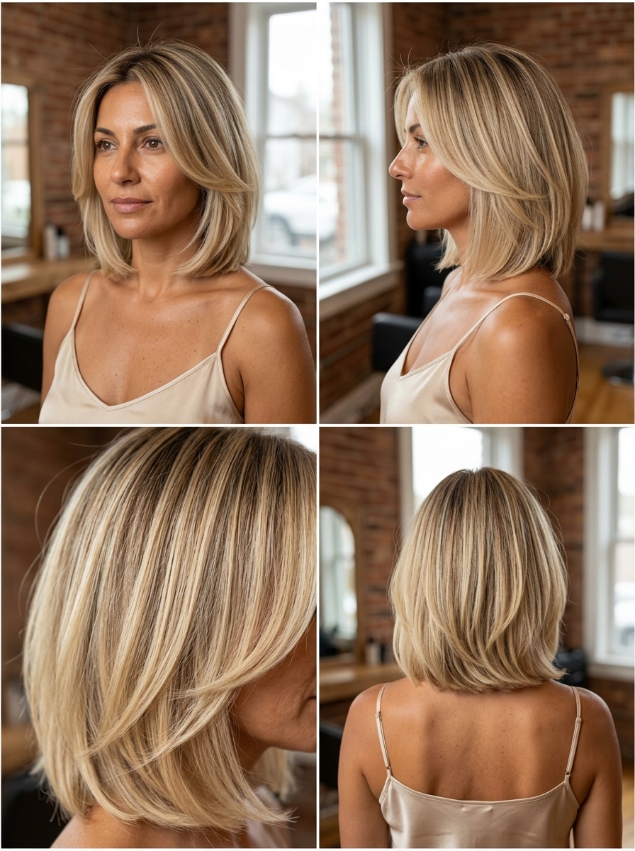 above-collarbone bob haircut in buttercream blonde with honey babylights, dark vanilla root, face-framing layers — romantic voluminous style
