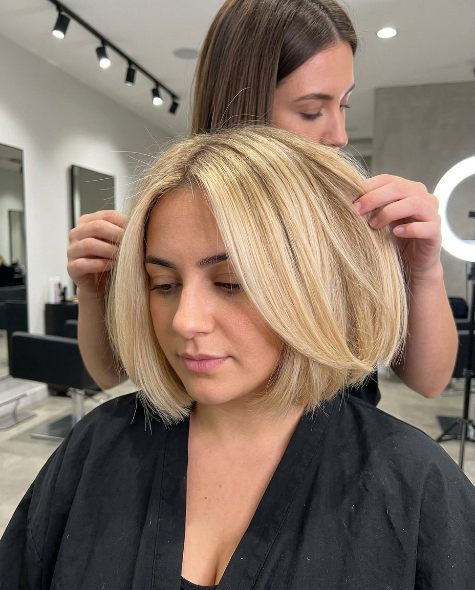 Chic Italian Bob: Effortless Summer Haircut 2026 chin-length Italian bob haircut in buttercream blonde with honey lowlights, blunt perimeter and internal layers — chic summer style