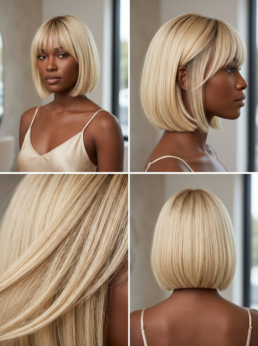 chin-length French bob with buttercream blonde and brow-grazing fringe for summer