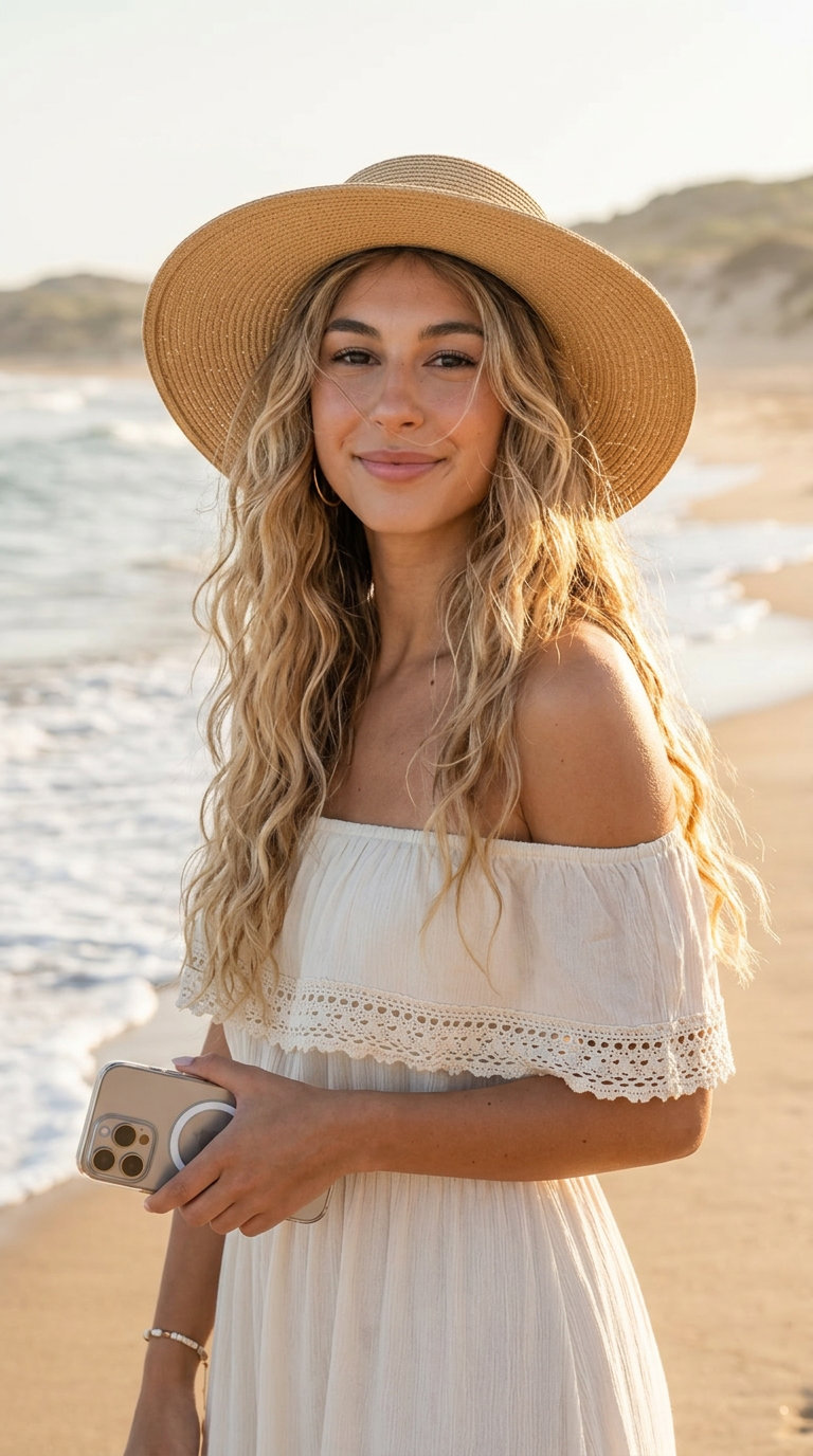 long beachy waves with buttercream blonde, honey lowlights, straw hat — bohemian vacation day