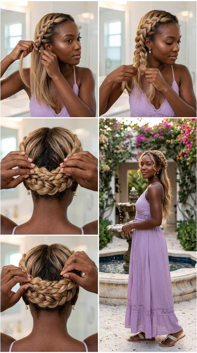 long hair braided halo in buttercream blonde with honey highlights, featuring loose French braids and face-framing curls — romantic ethereal