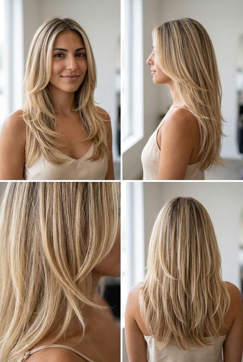 long haircut with diffused layers in buttercream blonde with multi-tonal highlights, playful voluminous blowout for brunch
