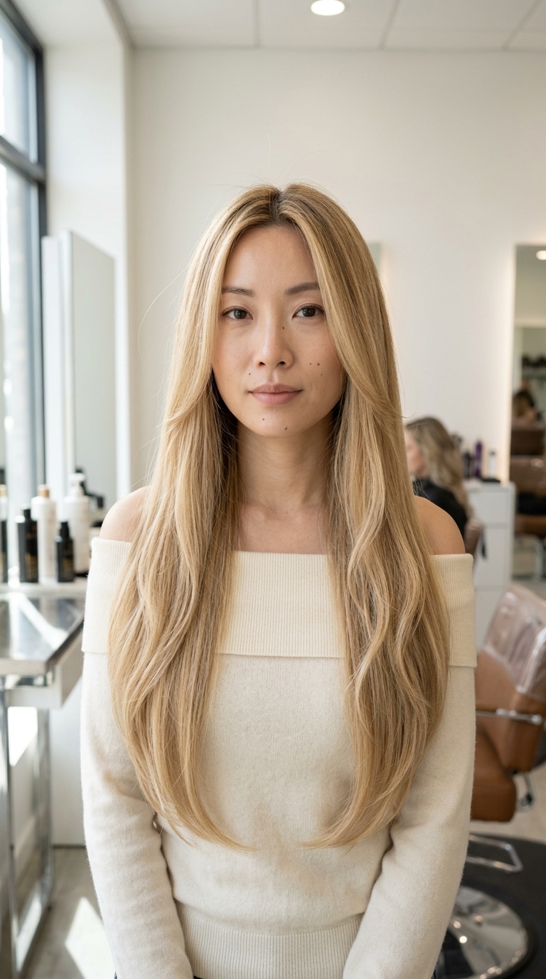 long haircut with internal layers in buttercream blonde with honey babylights, effortless waves for vacation