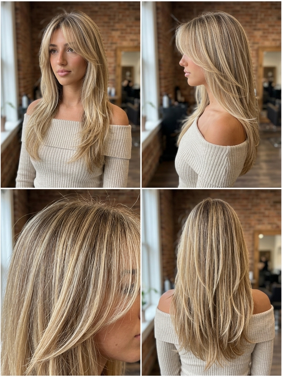 long haircut with wispy bangs in buttercream blonde with honey lowlights, romantic ethereal look for summer