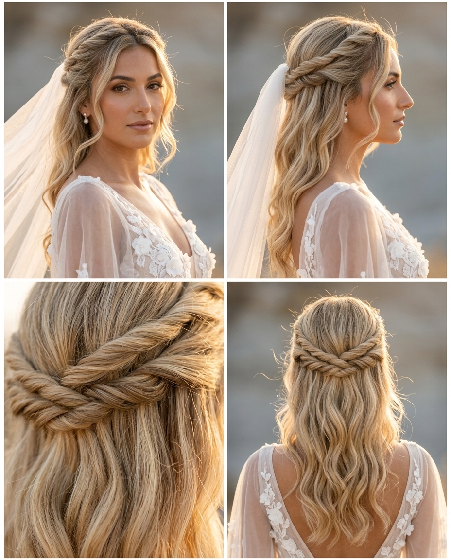 buttercream blonde twisted summer half up half down hairstyles 2026 with golden highlights, loose twists, face-framing tendrils — romantic bridal