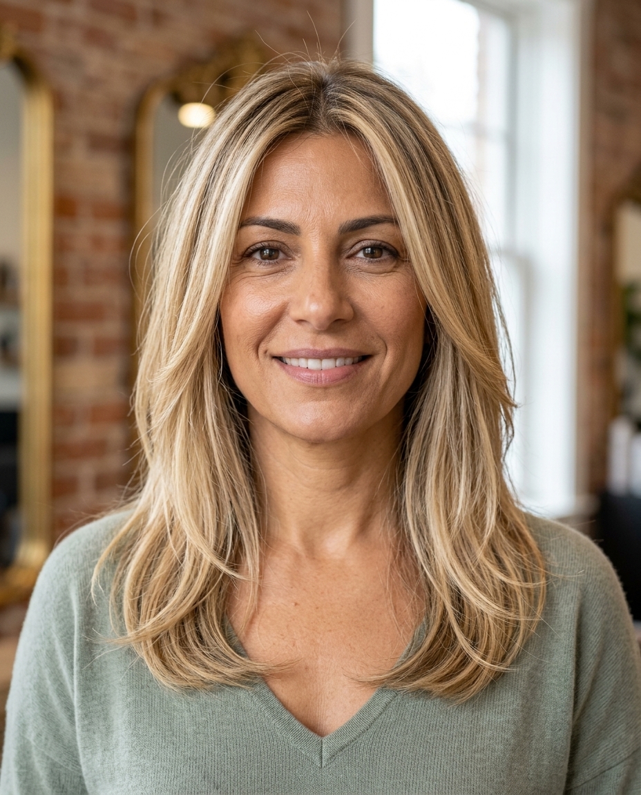 long layered haircut buttercream blonde with honey lowlights, face-framing pieces — soft, boho romantic